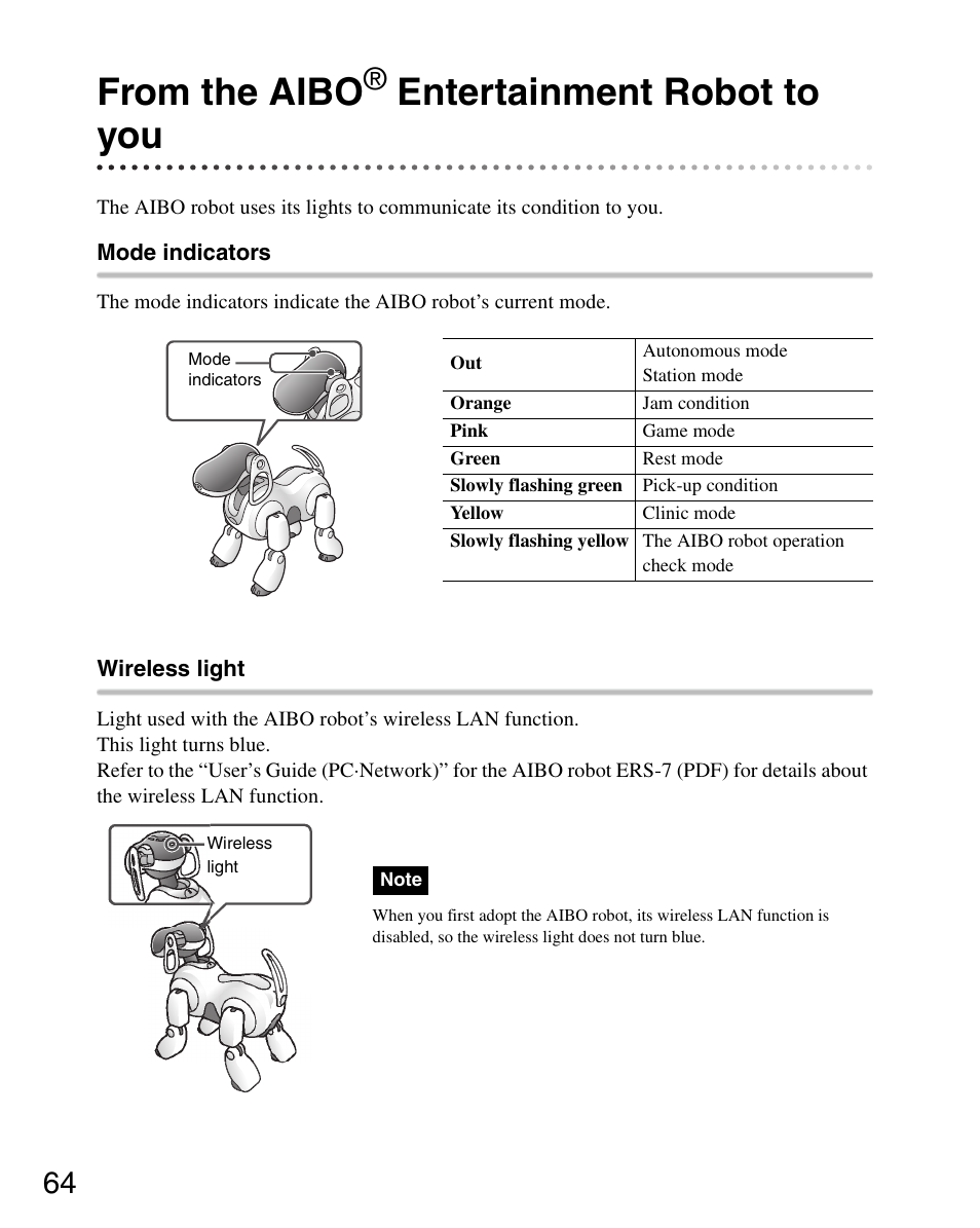 From the aibo® entertainment robot to you, From the aibo entertainment robot to you, Entertainment robot to you | Sony ERS-7 User Manual | Page 64 / 120