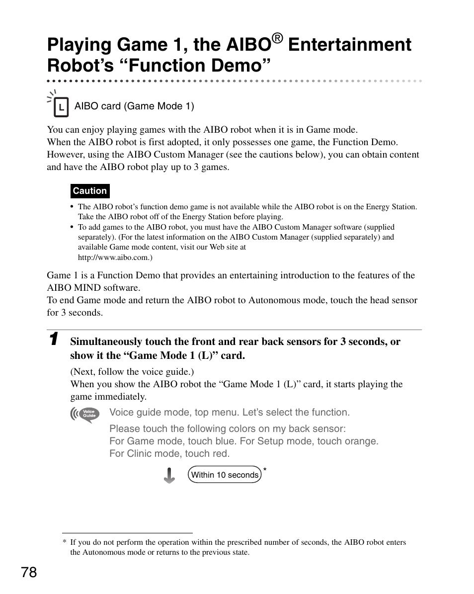 Playing game 1, the aibo, Entertainment robot’s “function demo | Sony ERS-7 User Manual | Page 78 / 120