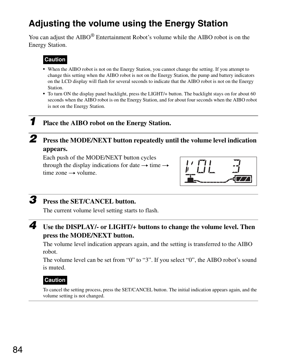 Adjusting the volume using the energy station, 84 adjusting the volume using the energy station | Sony ERS-7 User Manual | Page 84 / 120