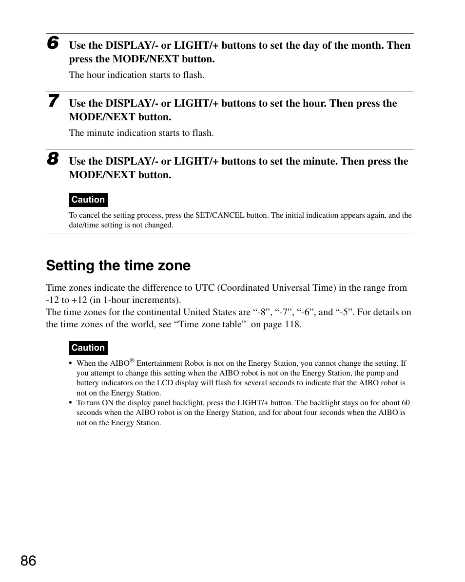 Setting the time zone | Sony ERS-7 User Manual | Page 86 / 120