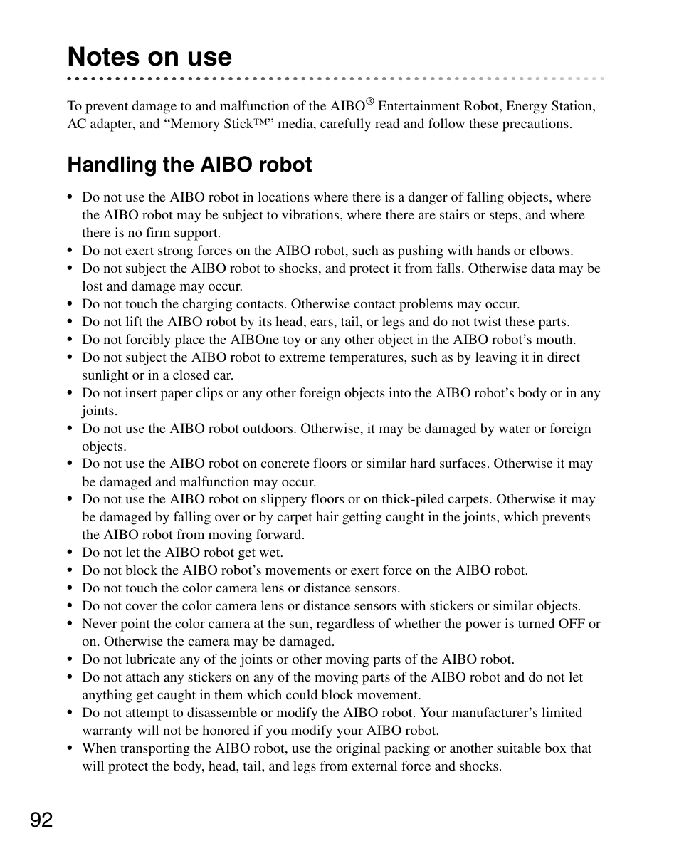 Notes on use, Handling the aibo robot | Sony ERS-7 User Manual | Page 92 / 120