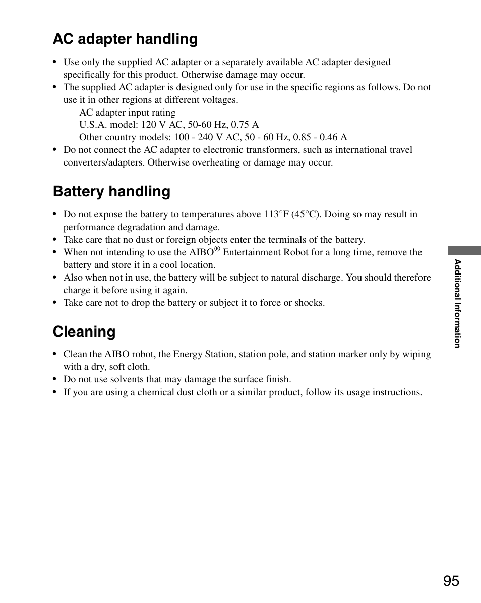 Ac adapter handling, Battery handling, Cleaning | Ac adapter handling battery handling cleaning, 95 ac adapter handling | Sony ERS-7 User Manual | Page 95 / 120