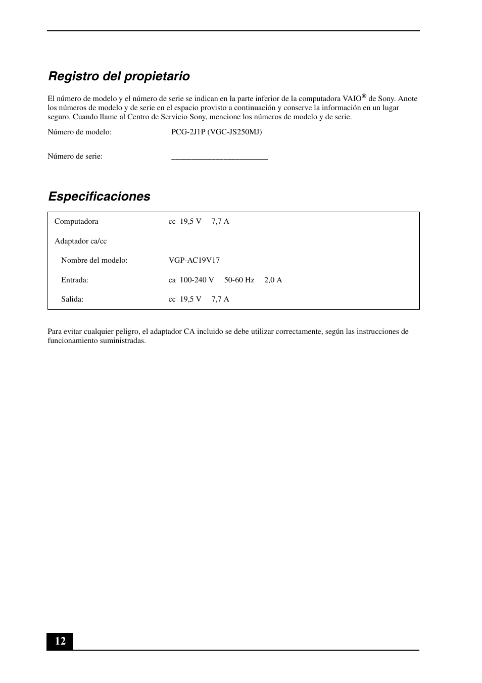 Registro del propietario, Especificaciones | Sony VGC-JS250J User Manual | Page 12 / 24