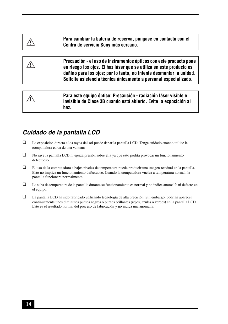 Cuidado de la pantalla lcd | Sony VGC-JS250J User Manual | Page 14 / 24