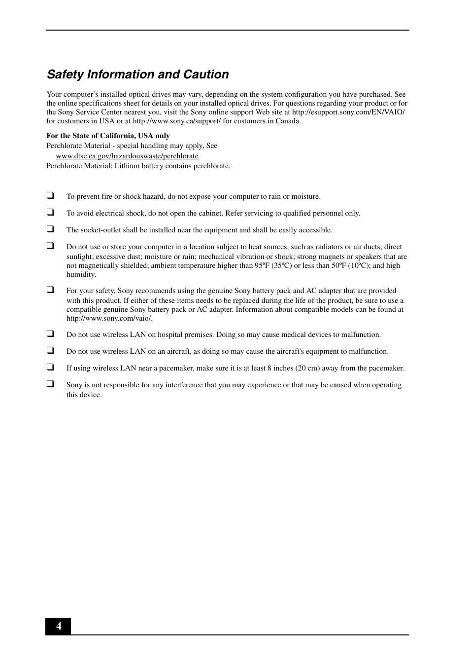 Safety information and caution | Sony VGC-JS250J User Manual | Page 4 / 24