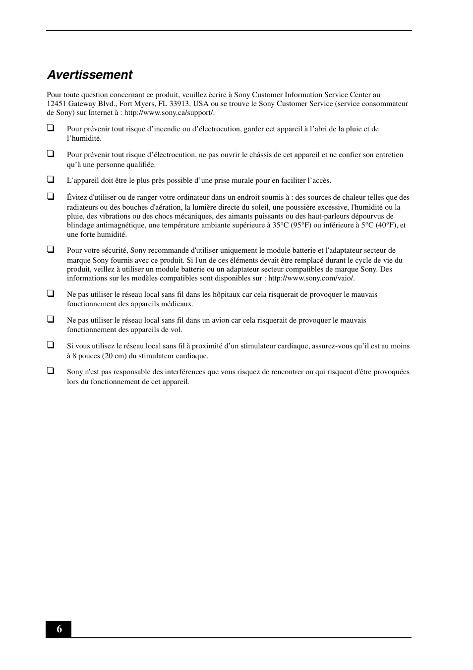 Avertissement | Sony VGC-JS250J User Manual | Page 6 / 24