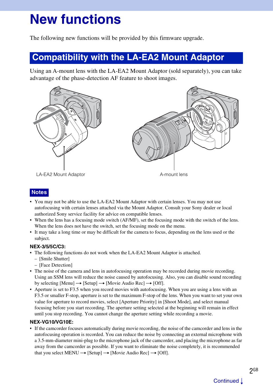 New functions, Compatibility with the la-ea2 mount adaptor | Sony NEX-C3 User Manual | Page 2 / 7