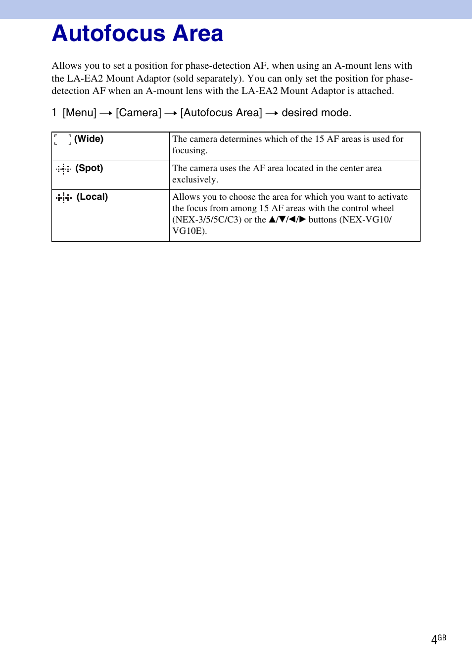 Autofocus area | Sony NEX-C3 User Manual | Page 4 / 7