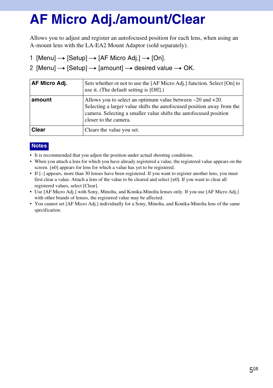 Af micro adj./amount/clear | Sony NEX-C3 User Manual | Page 5 / 7