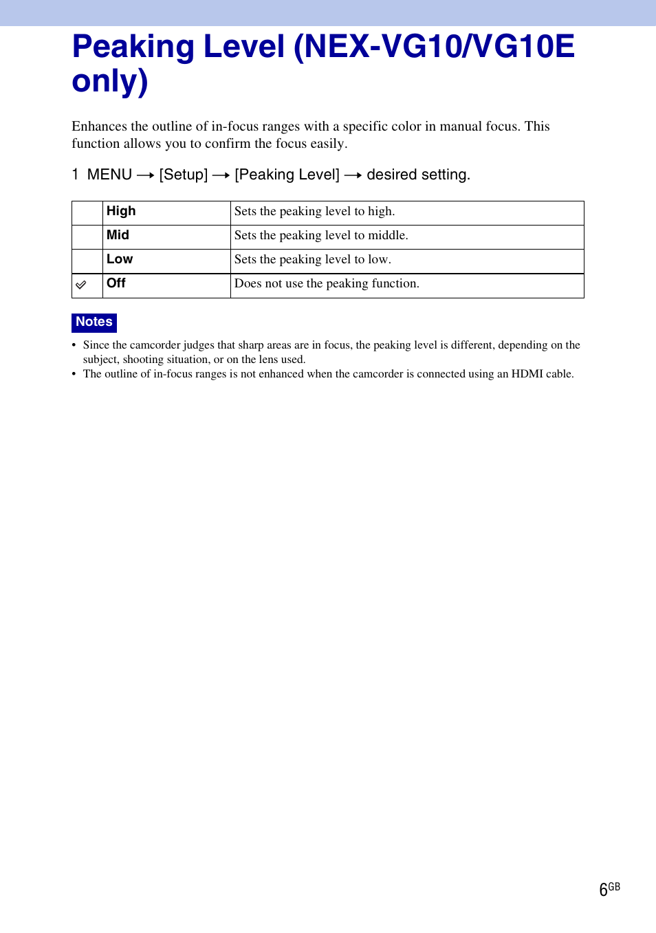 Peaking level (nex-vg10/vg10e only) | Sony NEX-C3 User Manual | Page 6 / 7