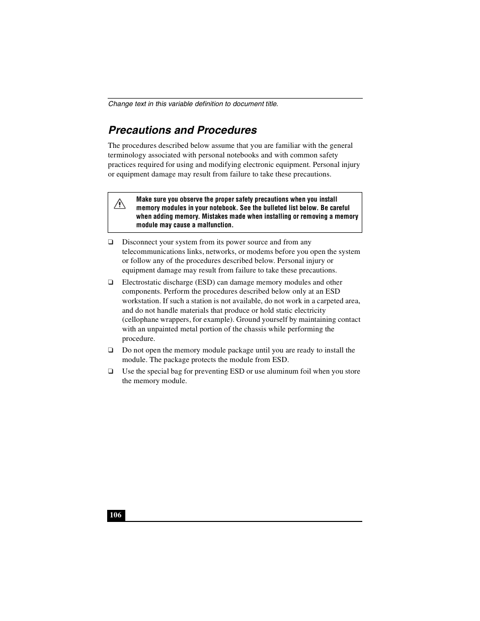 Precautions and procedures | Sony PCG-GRX510P User Manual | Page 106 / 160