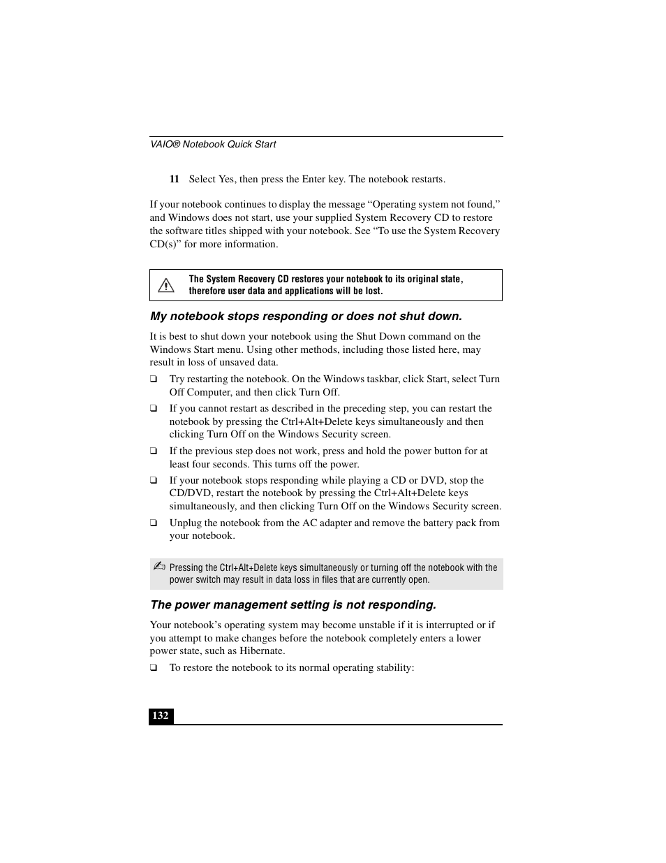 My notebook stops responding or does not shut down, The power management setting is not responding | Sony PCG-GRX510P User Manual | Page 132 / 160