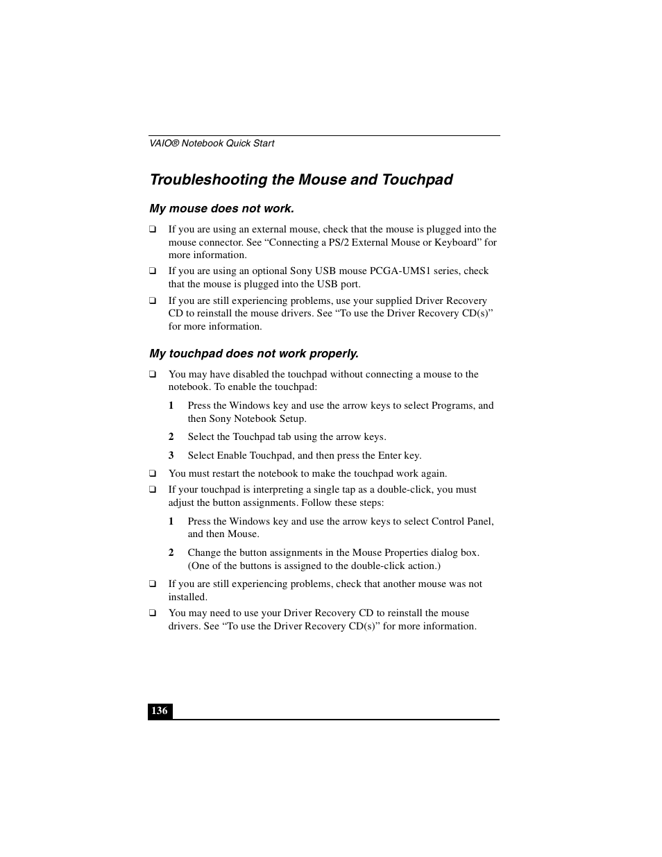 Troubleshooting the mouse and touchpad, My mouse does not work, My touchpad does not work properly | Sony PCG-GRX510P User Manual | Page 136 / 160