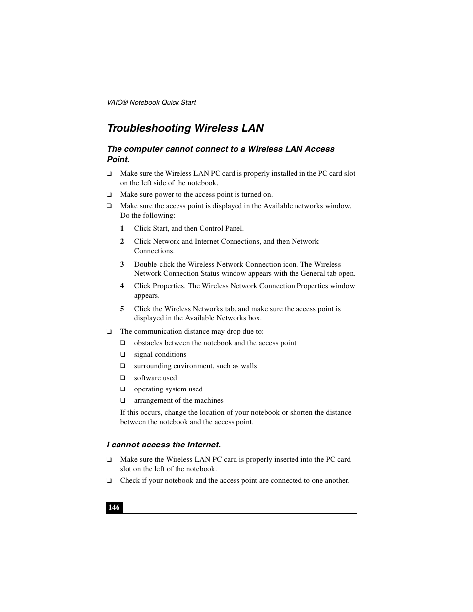 Troubleshooting wireless lan, I cannot access the internet | Sony PCG-GRX510P User Manual | Page 146 / 160