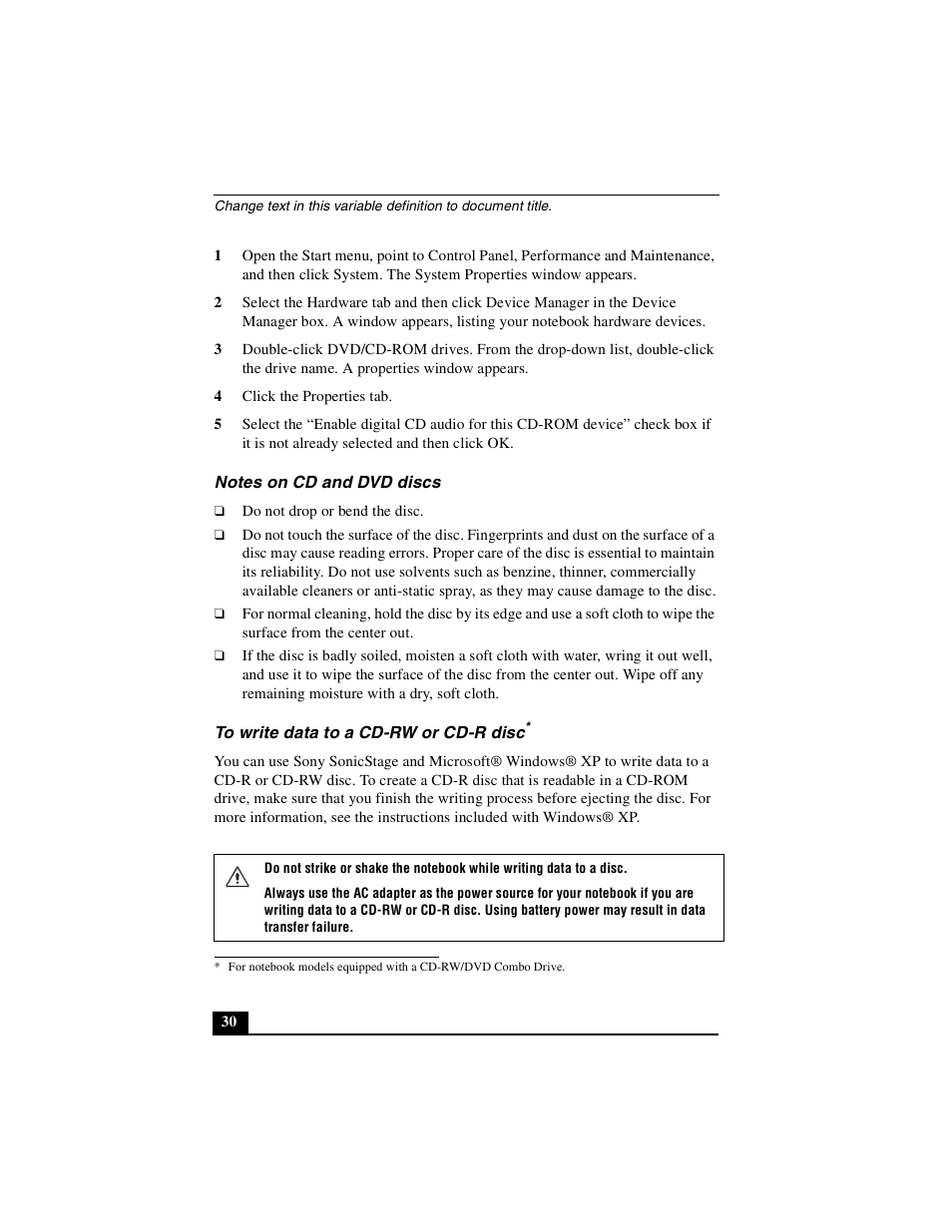 Notes on cd and dvd discs, To write data to a cd-rw or cd-r disc | Sony PCG-GRX510P User Manual | Page 30 / 160