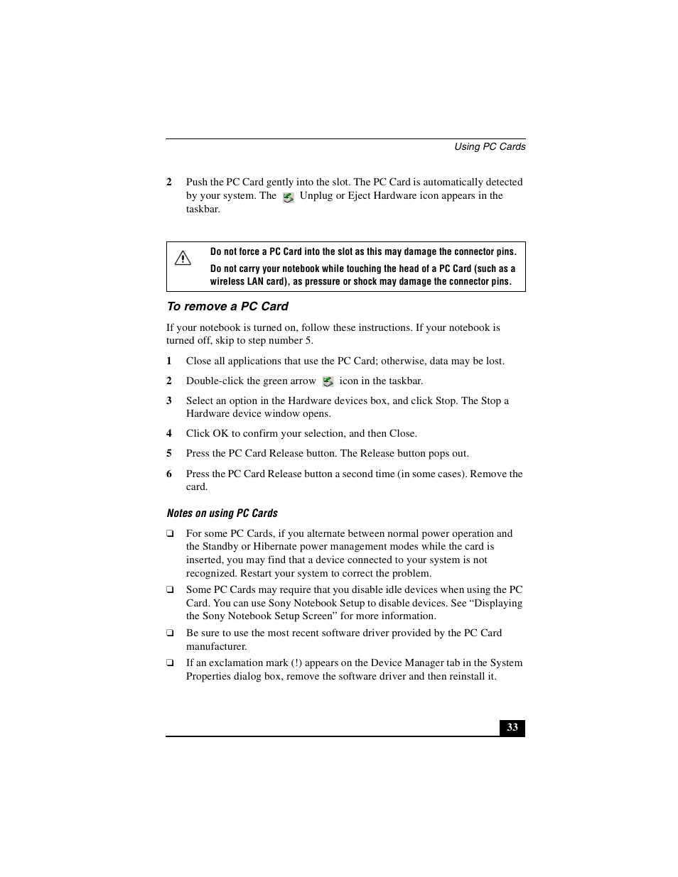 To remove a pc card | Sony PCG-GRX510P User Manual | Page 33 / 160