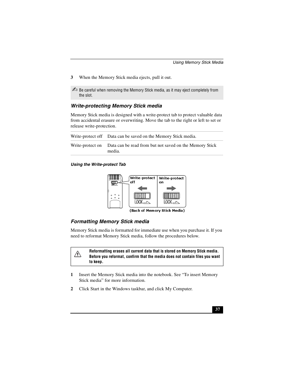 Write-protecting memory stick media, Formatting memory stick media | Sony PCG-GRX510P User Manual | Page 37 / 160