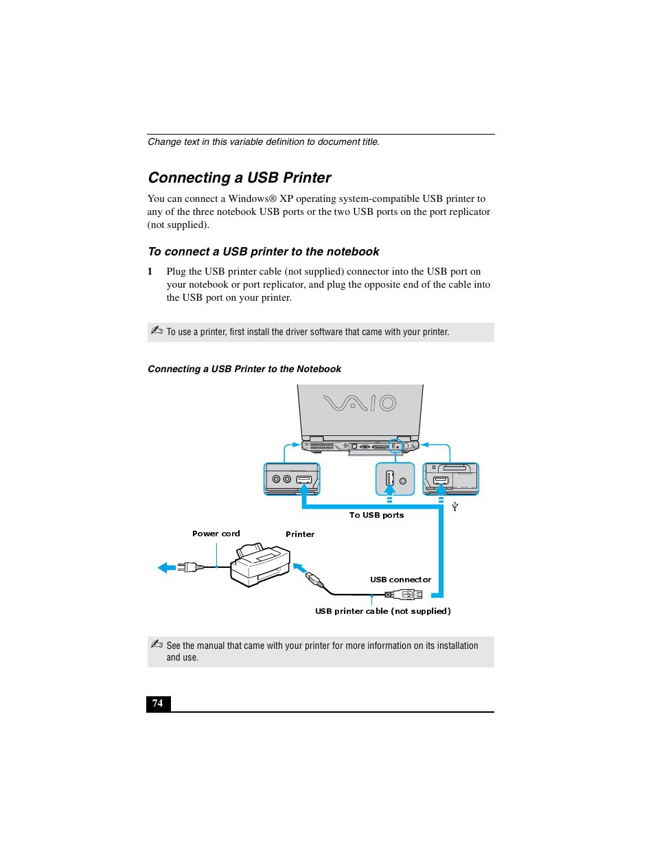 Connecting a usb printer, To connect a usb printer to the notebook | Sony PCG-GRX510P User Manual | Page 74 / 160