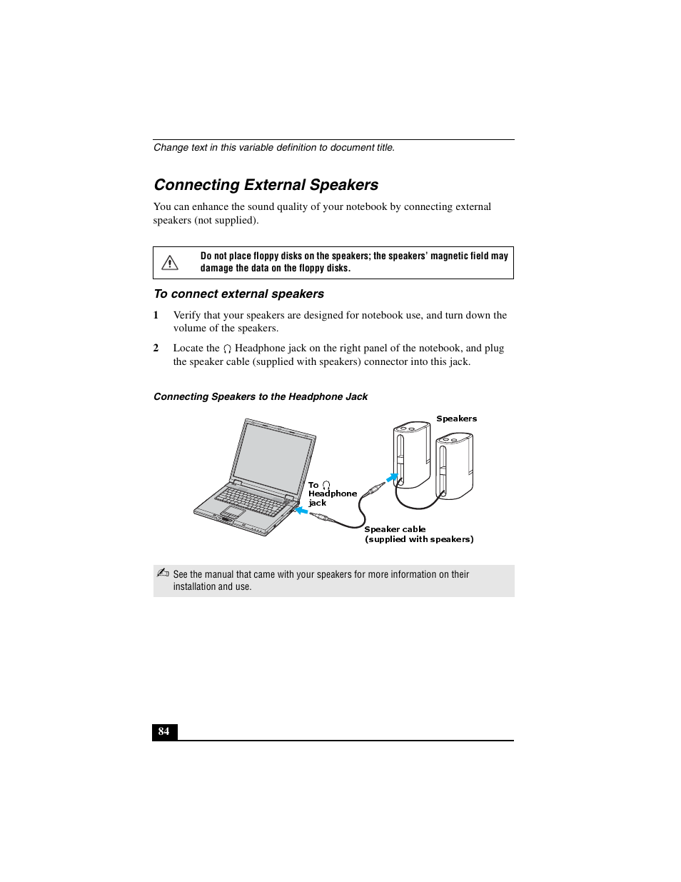 Connecting external speakers, To connect external speakers | Sony PCG-GRX510P User Manual | Page 84 / 160