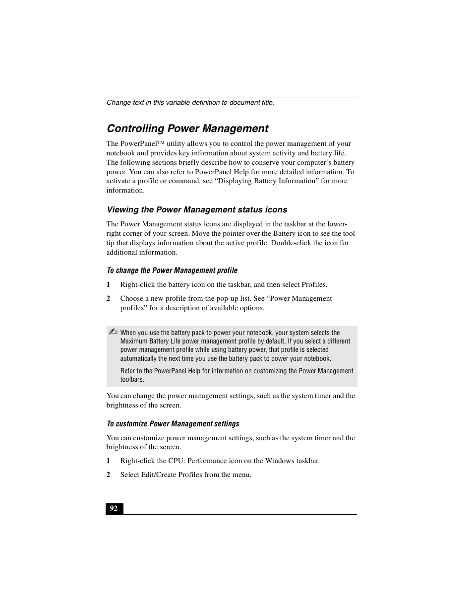 Controlling power management, Viewing the power management status icons | Sony PCG-GRX510P User Manual | Page 92 / 160