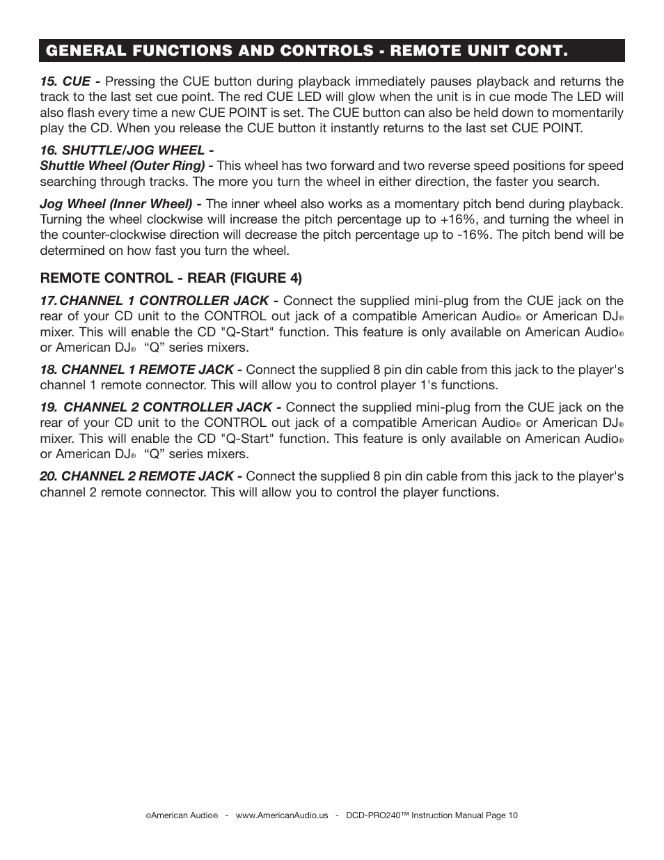 General functions and controls - remote unit cont, Remote control - rear (figure 4) | American Audio DCD-PRO240 User Manual | Page 10 / 22