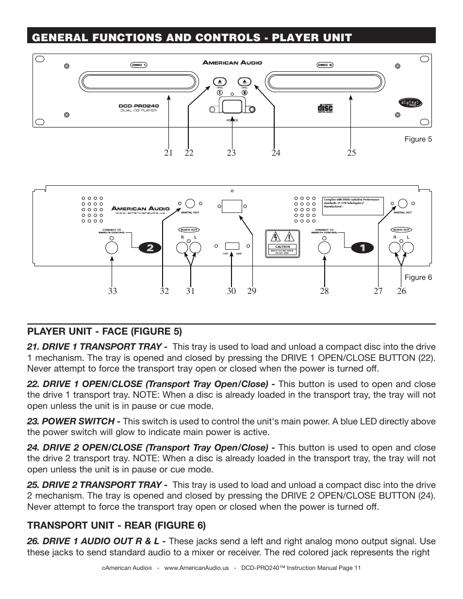 General functions and controls - player unit | American Audio DCD-PRO240 User Manual | Page 11 / 22