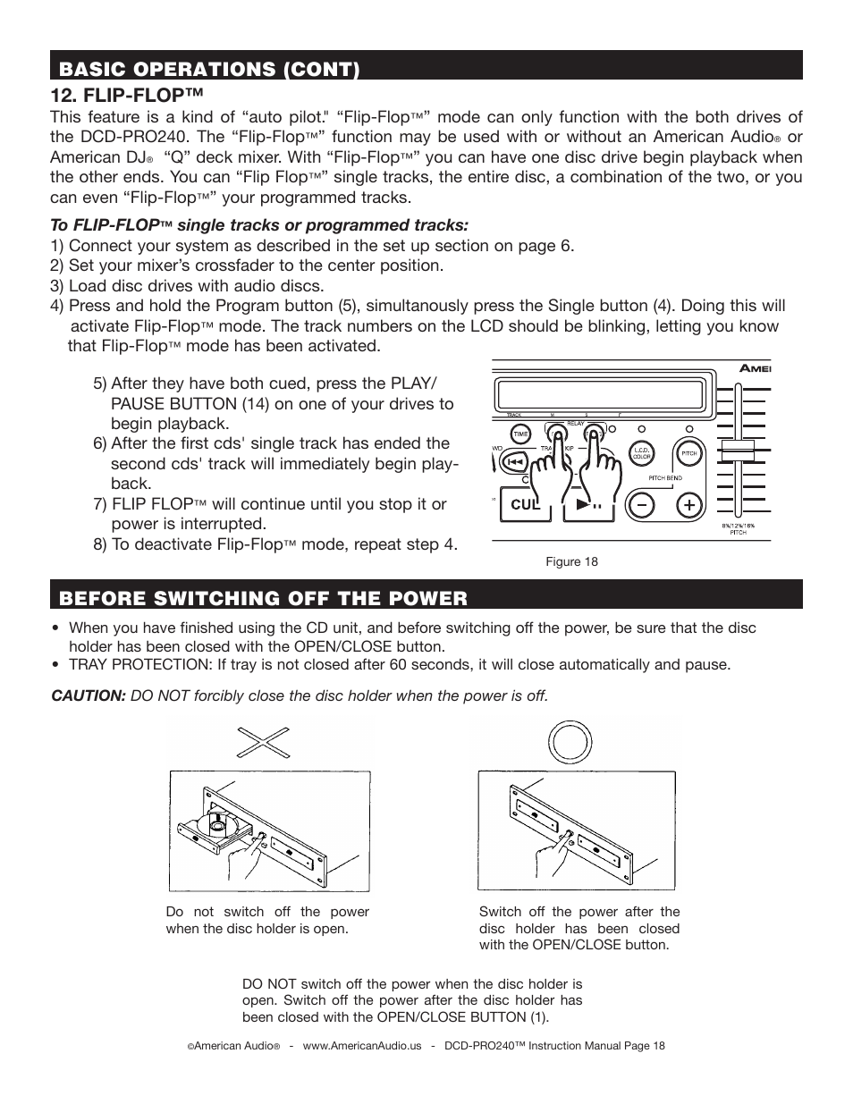 Basic operations (cont) 12. flip-flop, Before switching off the power | American Audio DCD-PRO240 User Manual | Page 18 / 22