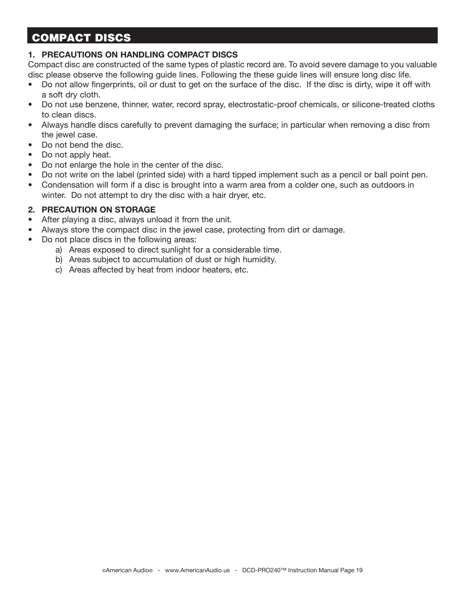 Compact discs | American Audio DCD-PRO240 User Manual | Page 19 / 22