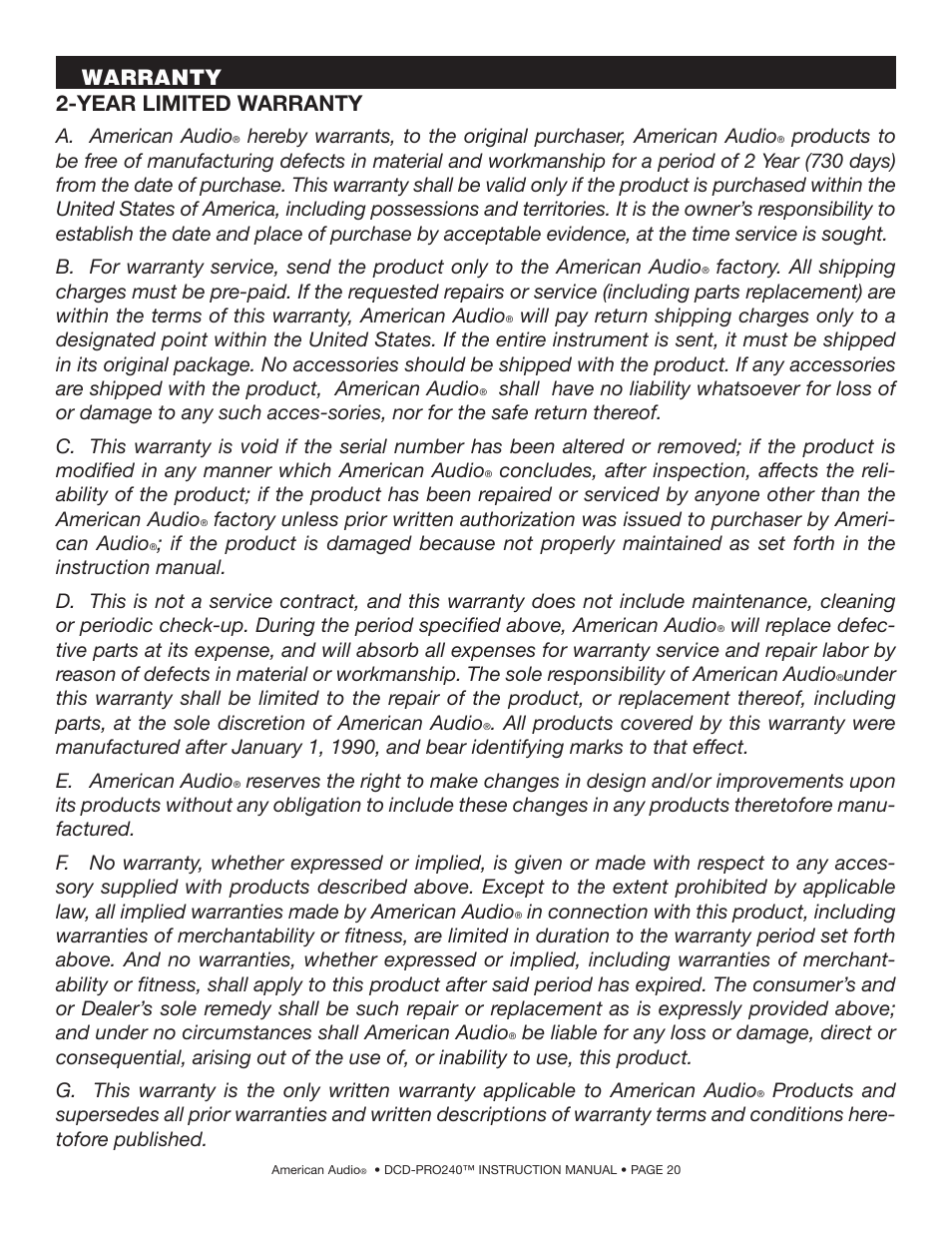 Year limited warranty, Warranty, A. american audio | American Audio DCD-PRO240 User Manual | Page 20 / 22