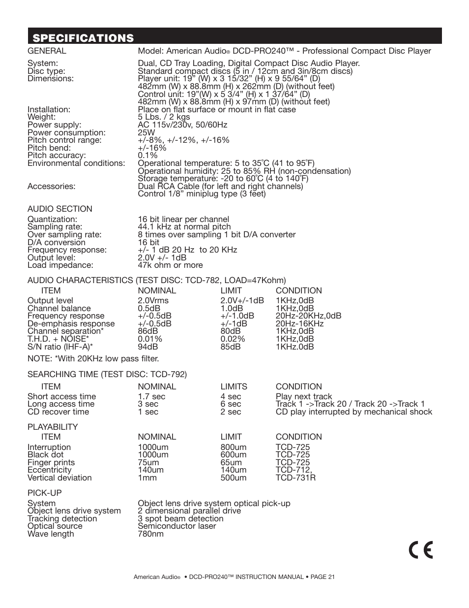 Specifications | American Audio DCD-PRO240 User Manual | Page 21 / 22