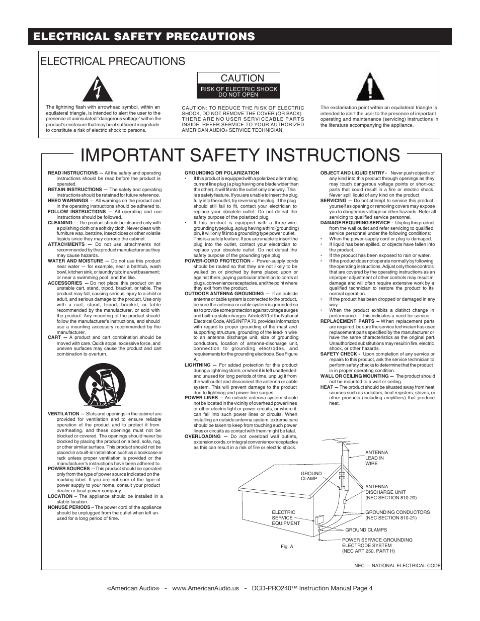Important safety instructions, Electrical precautions, Electrical safety precautions | Caution | American Audio DCD-PRO240 User Manual | Page 4 / 22