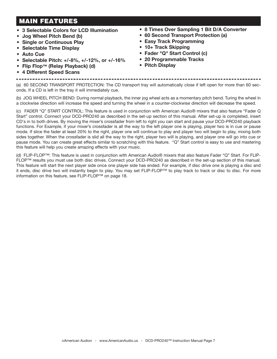 Main features | American Audio DCD-PRO240 User Manual | Page 7 / 22