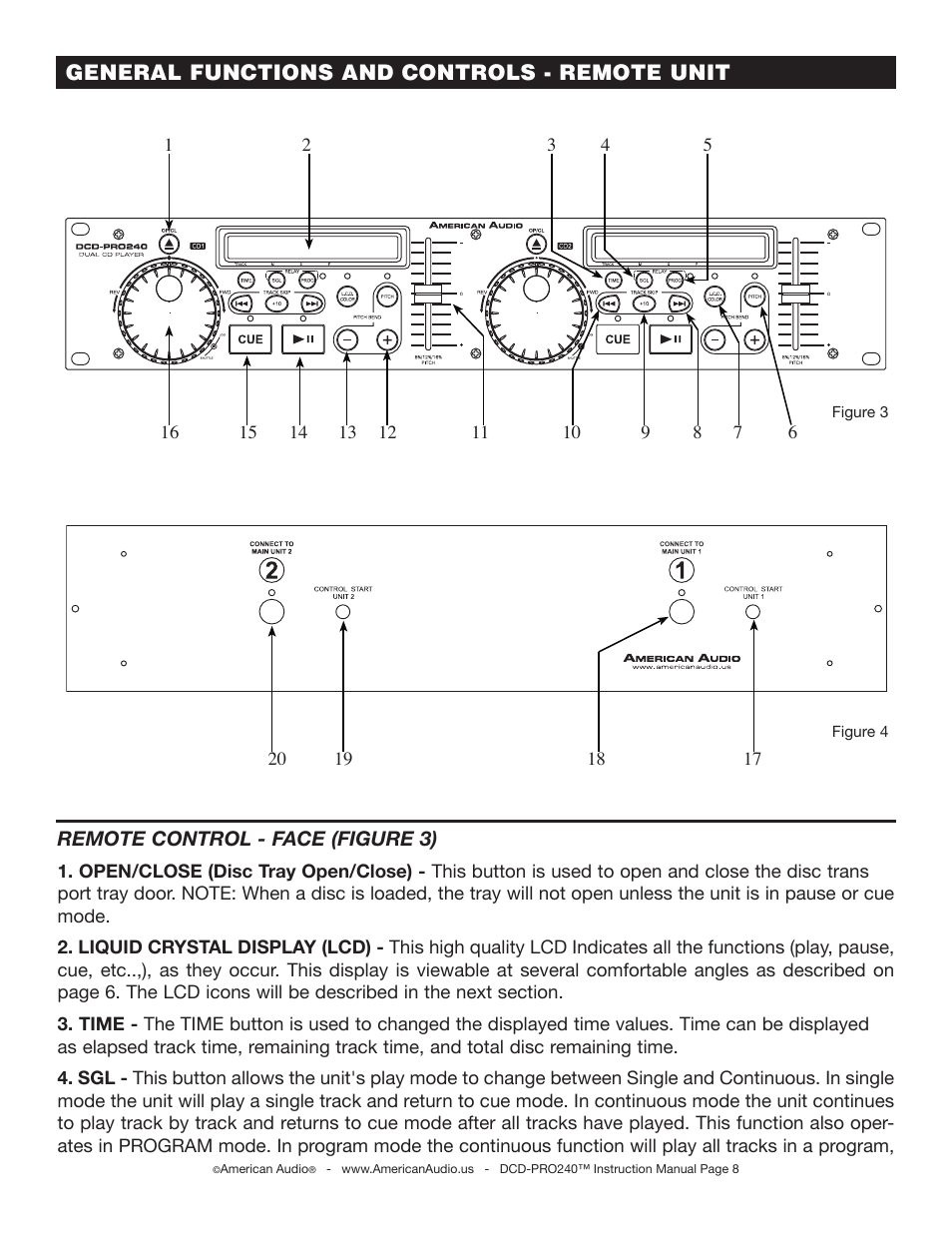 General functions and controls - remote unit | American Audio DCD-PRO240 User Manual | Page 8 / 22
