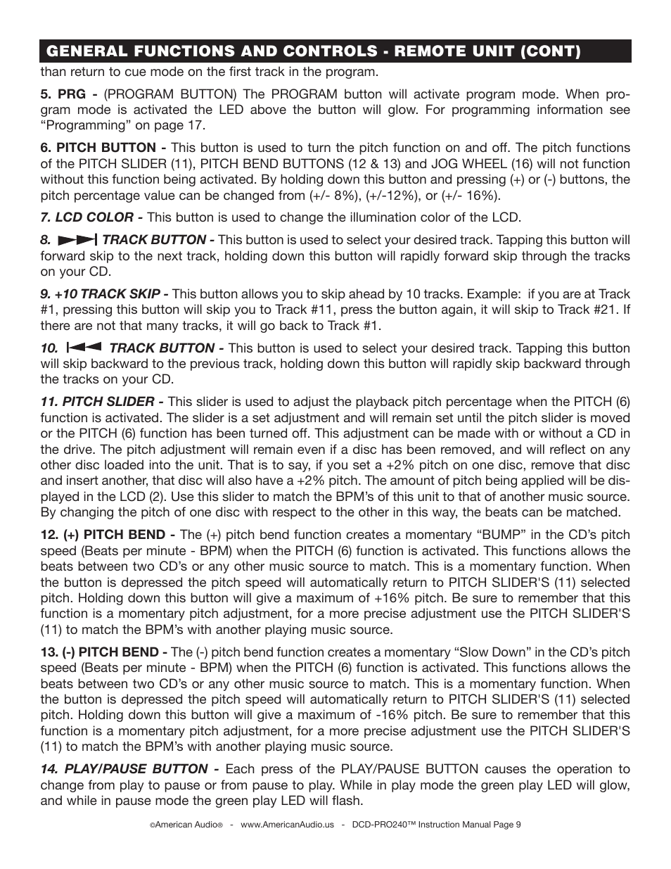 American Audio DCD-PRO240 User Manual | Page 9 / 22