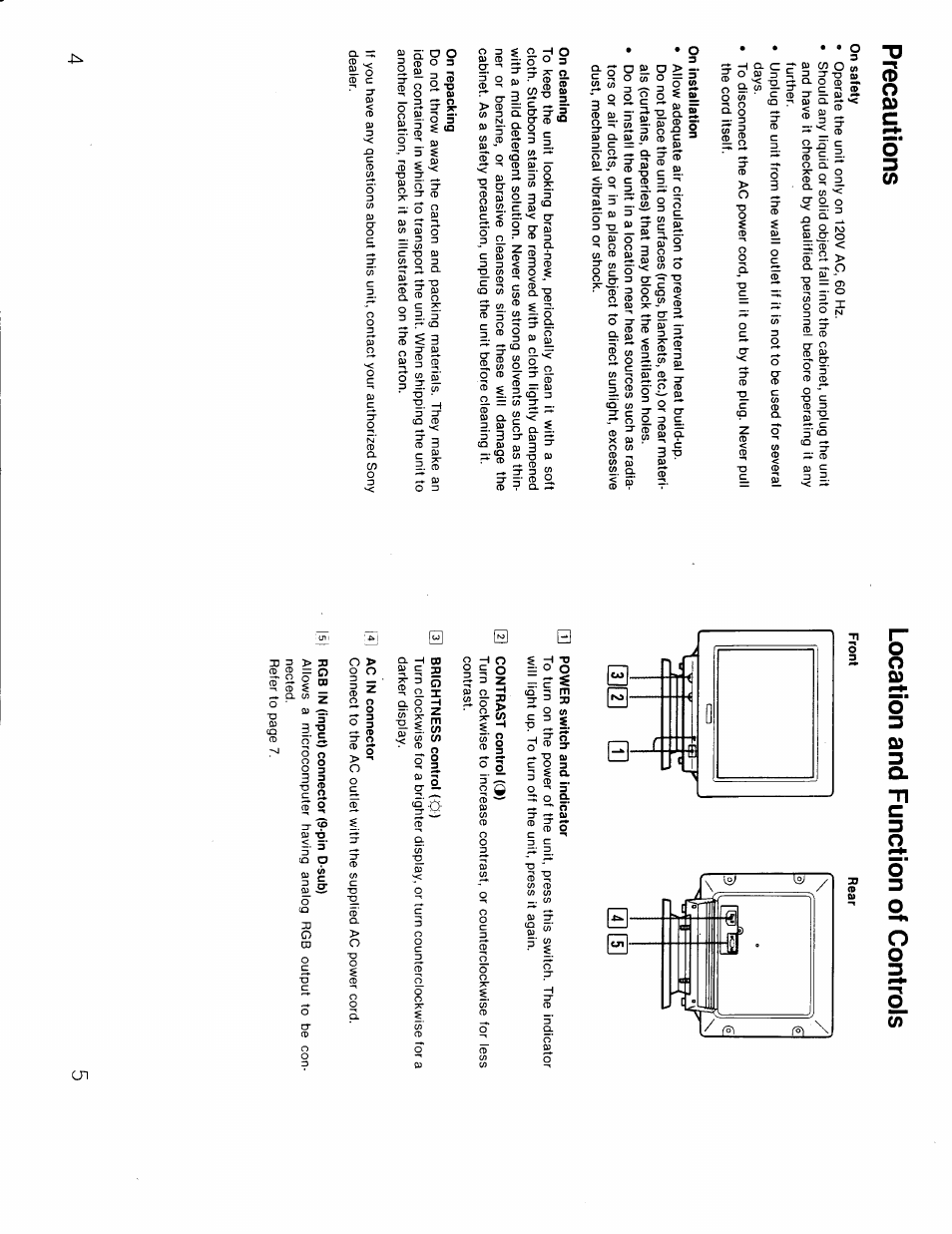 Precautions, Location and function of controls, Sd] q | Sony CPD-1304C User Manual | Page 3 / 6