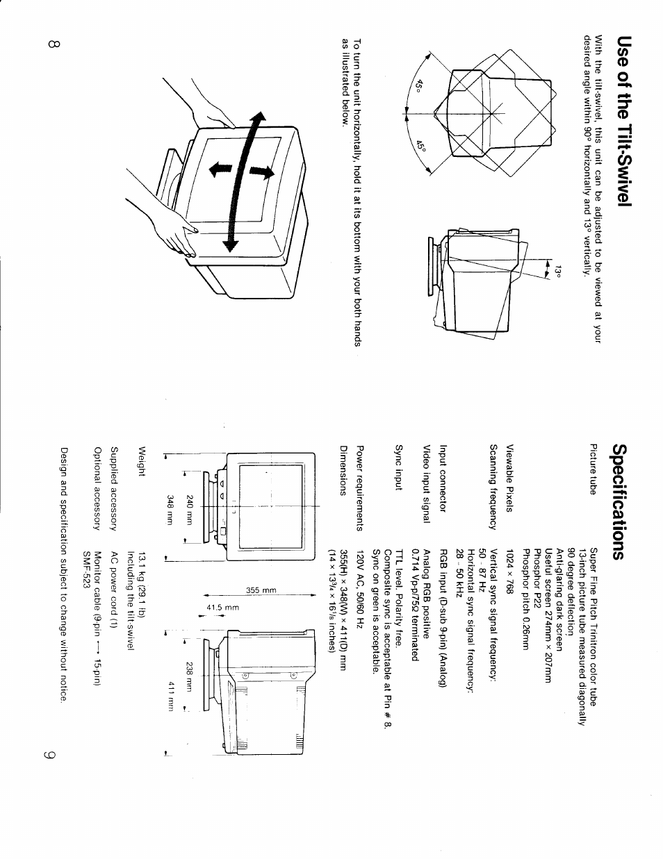 Use of the tilt-swivel, Specifications | Sony CPD-1304C User Manual | Page 5 / 6