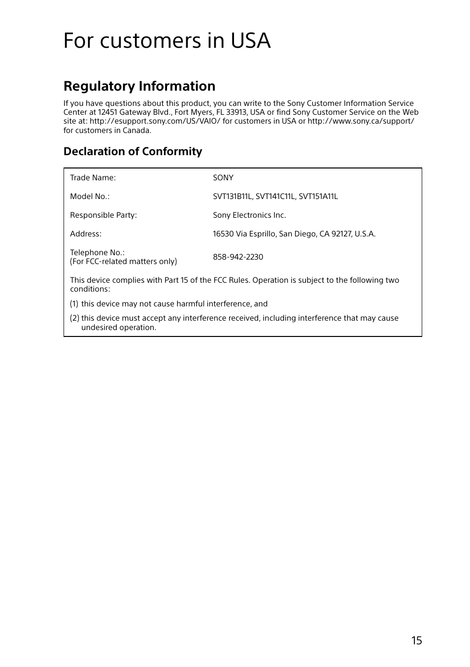 For customers in usa, Regulatory information, Declaration of conformity | Sony SVT131390X User Manual | Page 15 / 32