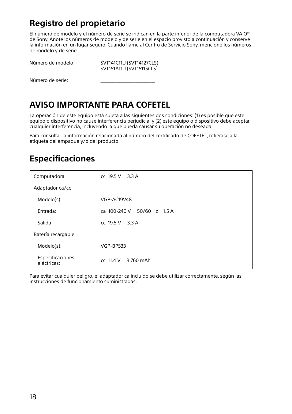 Registro del propietario, Aviso importante para cofetel, Especificaciones | Sony SVT131390X User Manual | Page 18 / 32