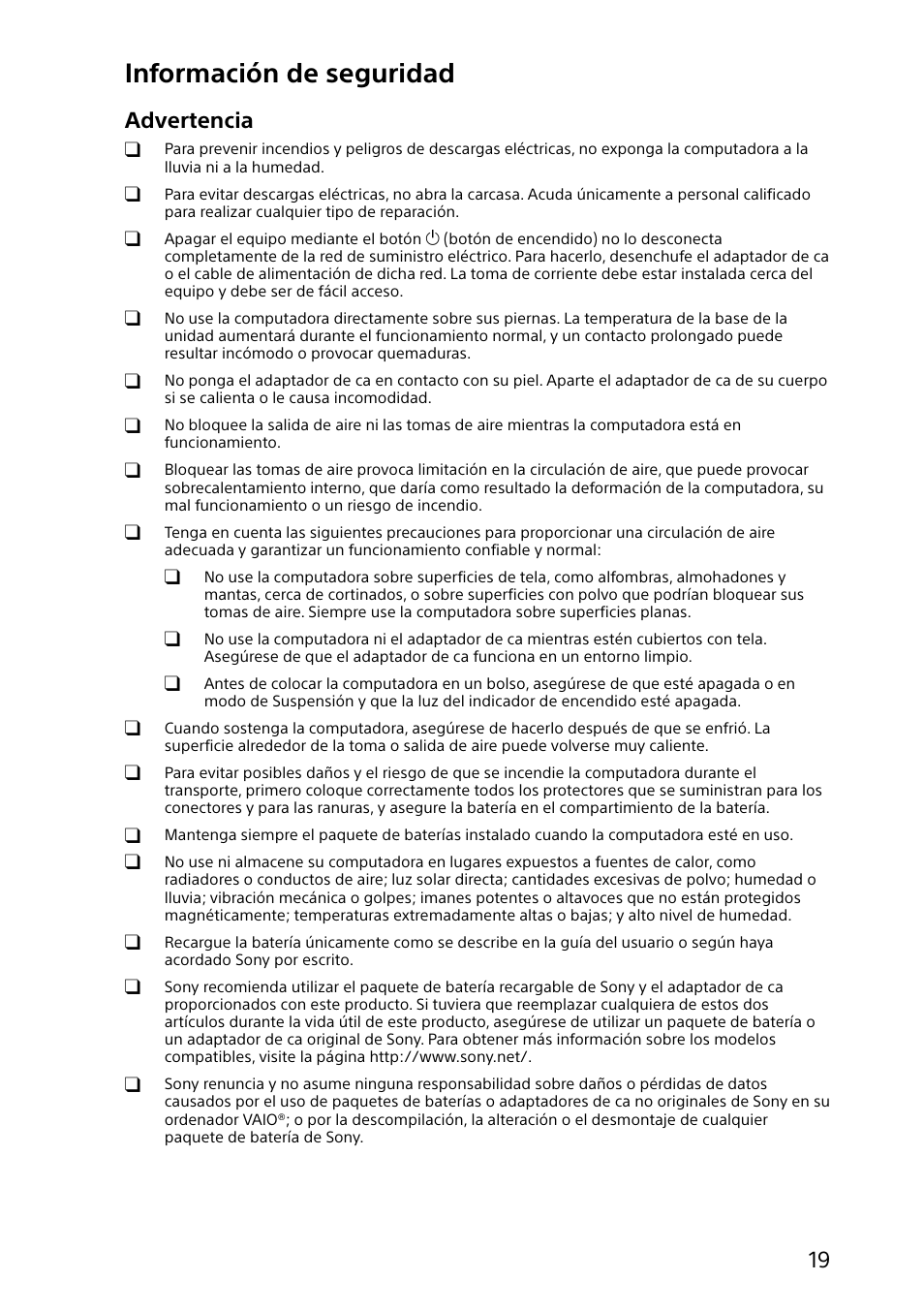 Información de seguridad, Advertencia | Sony SVT131390X User Manual | Page 19 / 32