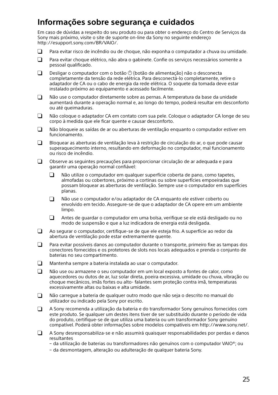 Informações sobre segurança e cuidados | Sony SVT131390X User Manual | Page 25 / 32