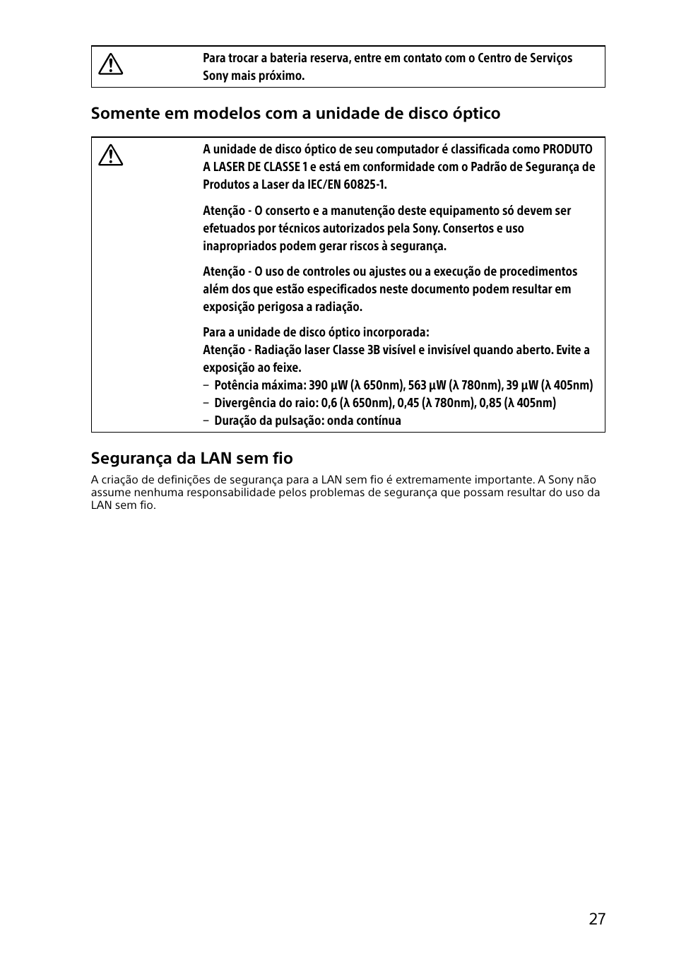 Somente em modelos com a unidade de disco óptico, Segurança da lan sem fio | Sony SVT131390X User Manual | Page 27 / 32