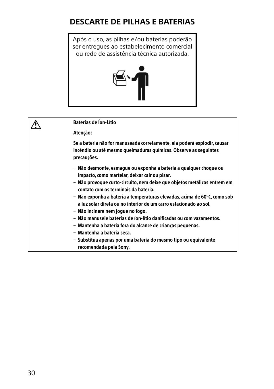 Descarte de pilhas e baterias | Sony SVT131390X User Manual | Page 30 / 32