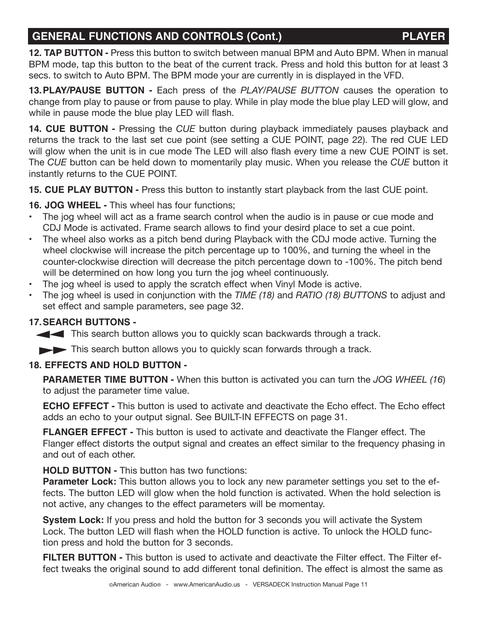 General functions and controls (cont.) player | American Audio Versadeck User Manual | Page 11 / 48