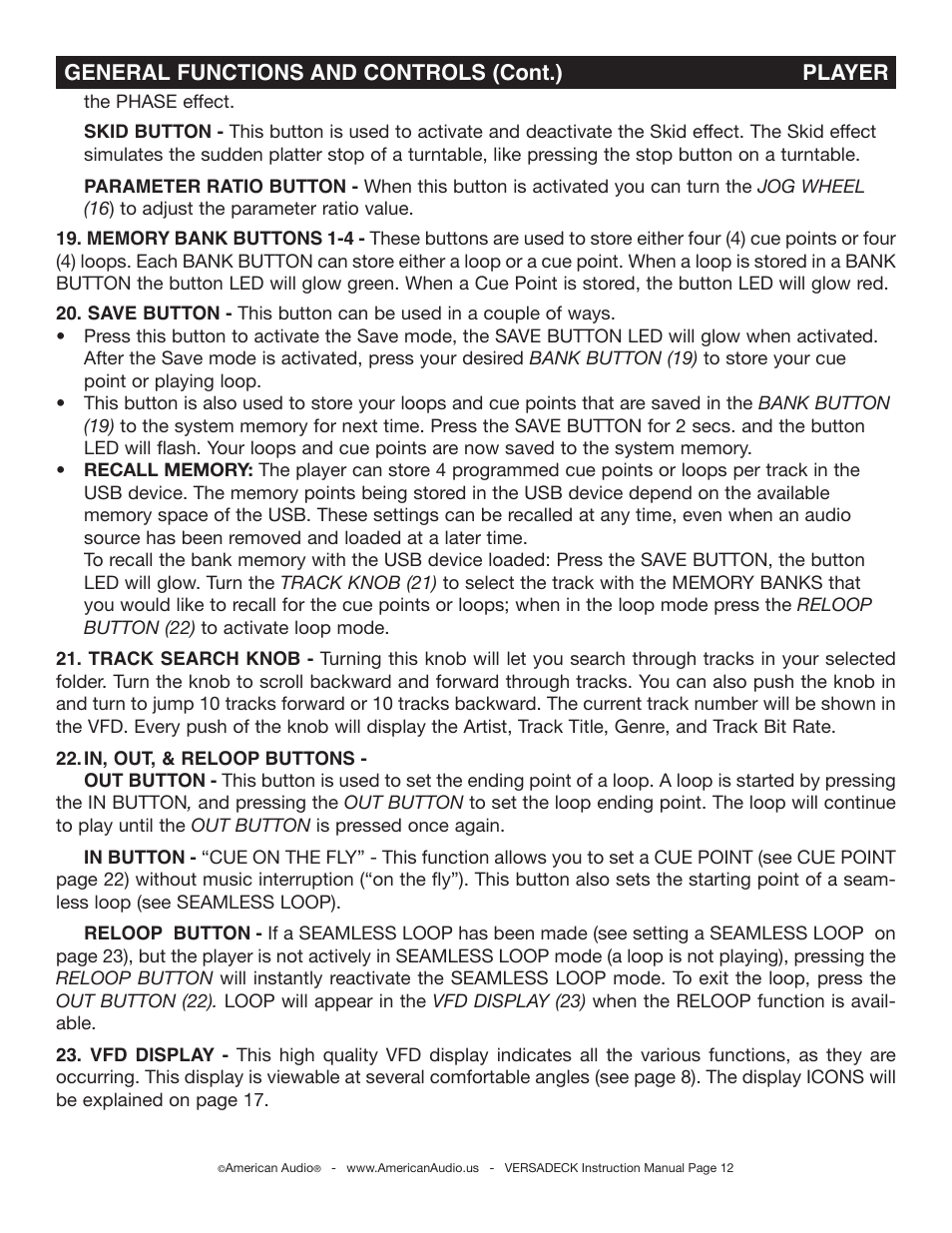 General functions and controls (cont.) player | American Audio Versadeck User Manual | Page 12 / 48