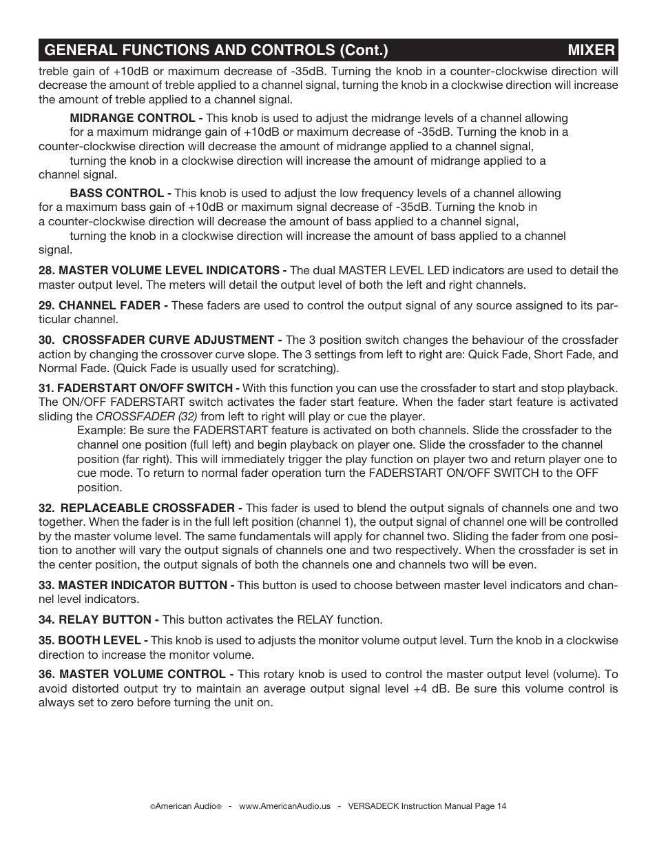 General functions and controls (cont.) mixer | American Audio Versadeck User Manual | Page 14 / 48