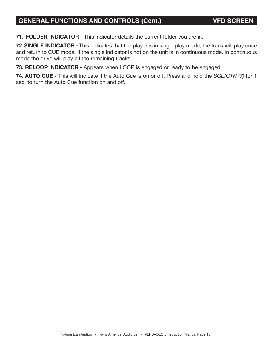 General functions and controls (cont.) vfd screen | American Audio Versadeck User Manual | Page 18 / 48