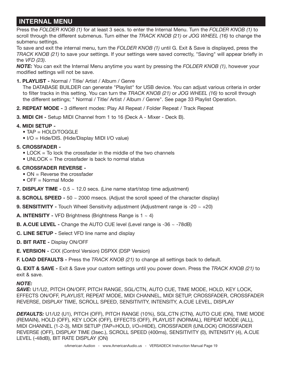 Internal menu | American Audio Versadeck User Manual | Page 19 / 48