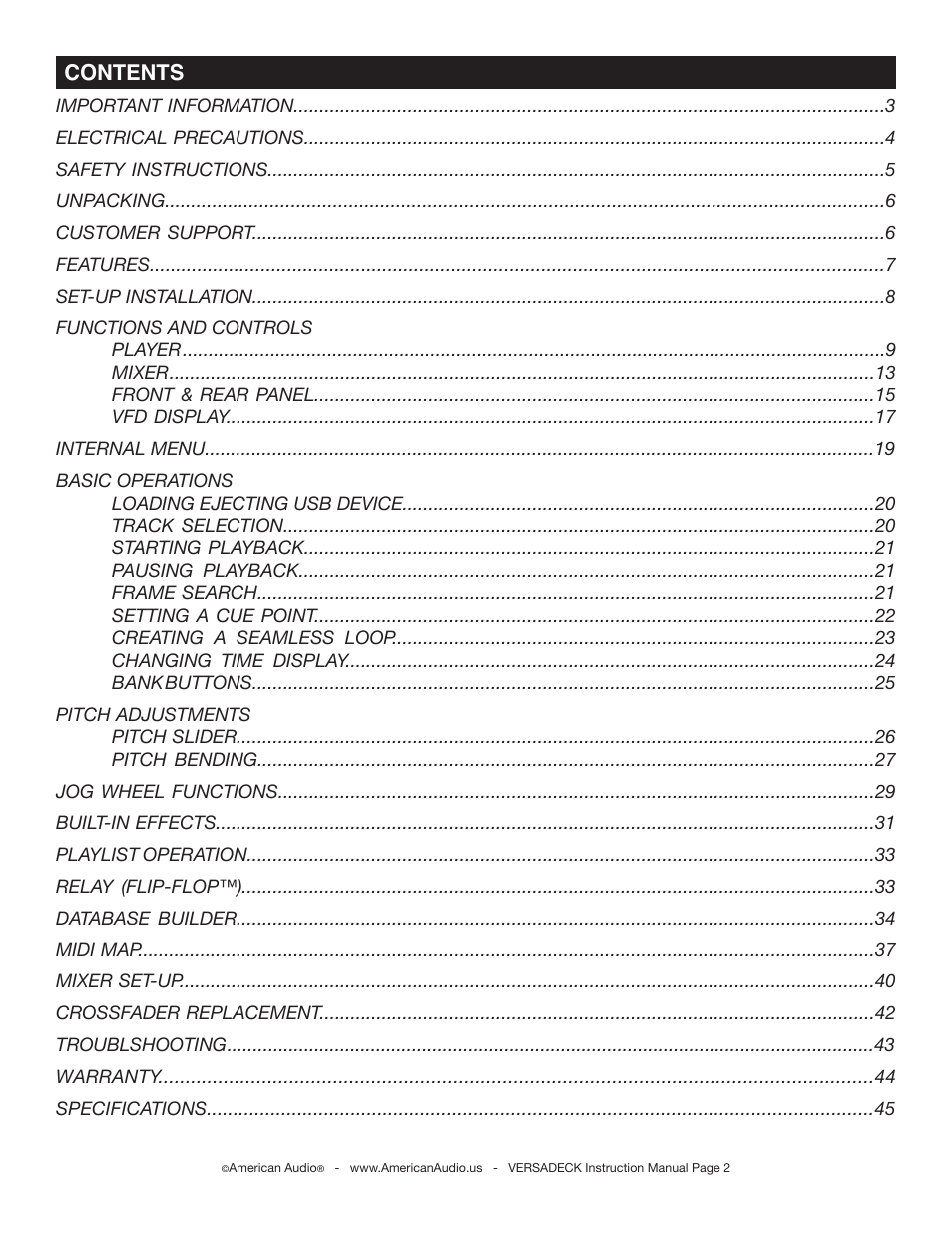 American Audio Versadeck User Manual | Page 2 / 48