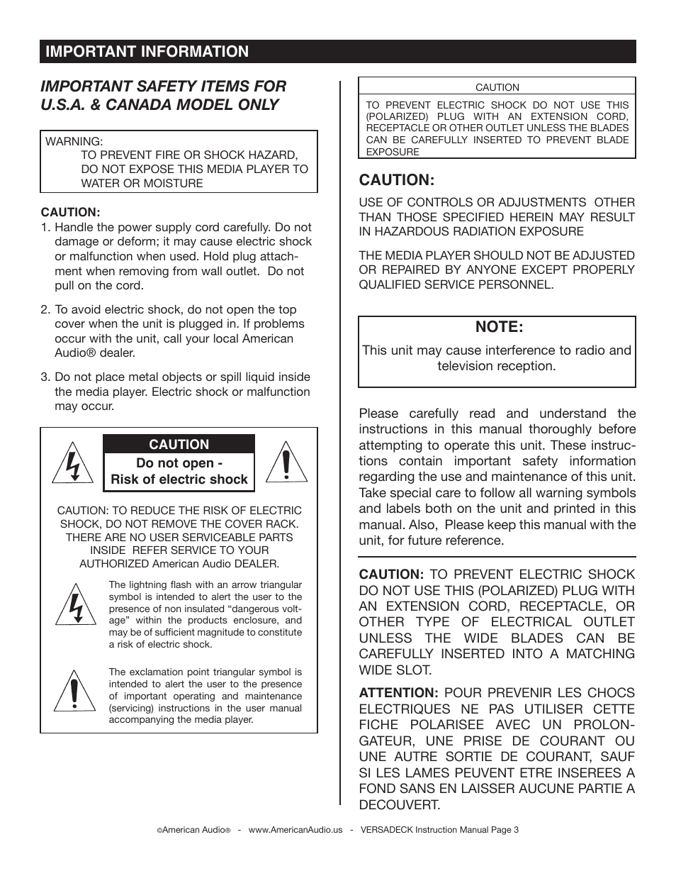 Caution, Important information | American Audio Versadeck User Manual | Page 3 / 48