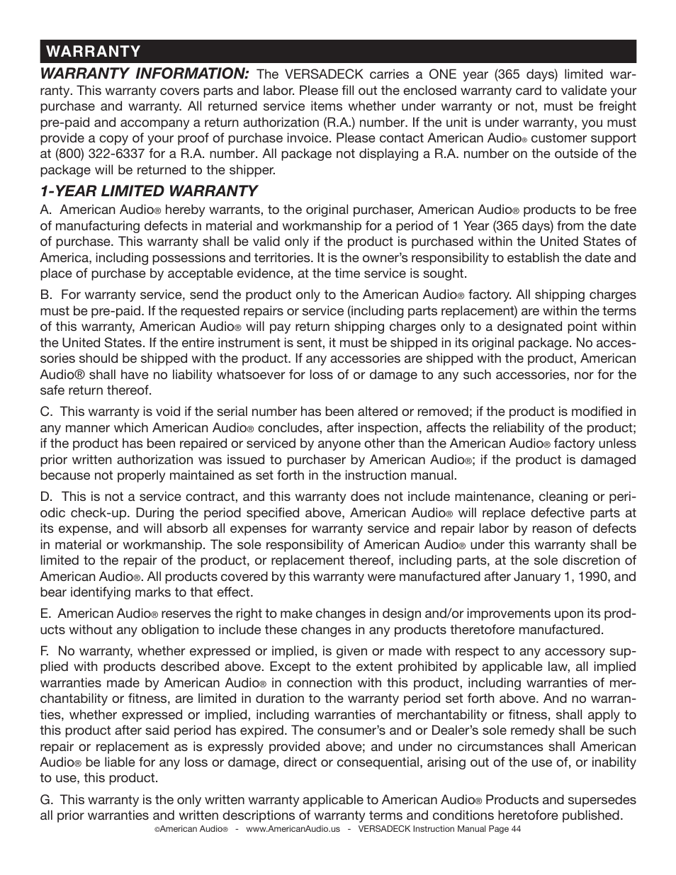 Warranty information, Year limited warranty, Warranty | American Audio Versadeck User Manual | Page 44 / 48